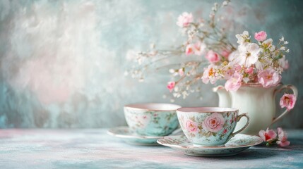 Watercolor illustration of British afternoon tea,tea break in the English style,tea set with Afternoon tea stand with macaroons and scone,cake,cup of tea,Tea time dessert table,vintage style.