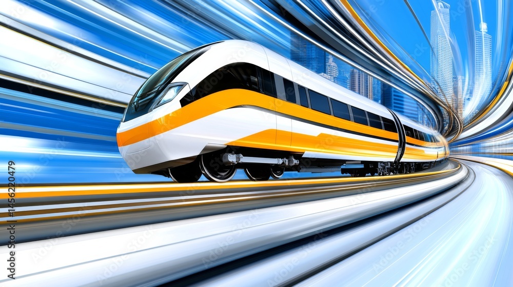 Poster high-speed train in motion with a dynamic blue and yellow background
