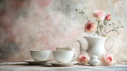 Watercolor illustration of British afternoon tea,tea break in the English style,tea set with Afternoon tea stand with macaroons and scone,cake,cup of tea,Tea time dessert table,vintage style.