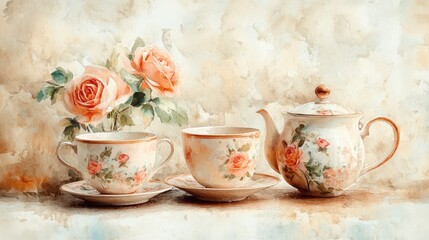 Watercolor illustration of British afternoon tea,tea break in the English style,tea set with Afternoon tea stand with macaroons and scone,cake,cup of tea,Tea time dessert table,vintage style.