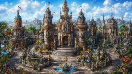 Naklejka premium Majestic fantasy palace amidst flourishing flora and sky evoking architectural grandeur and natural beauty in detailed panoramic vision
