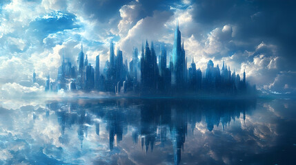A majestic, floating city reflected in a placid lake.