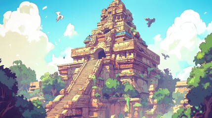 Pixelated ancient temple scene with sunny blue sky surrounded by dense jungle flora and fauna vintage retro illustration aesthetic