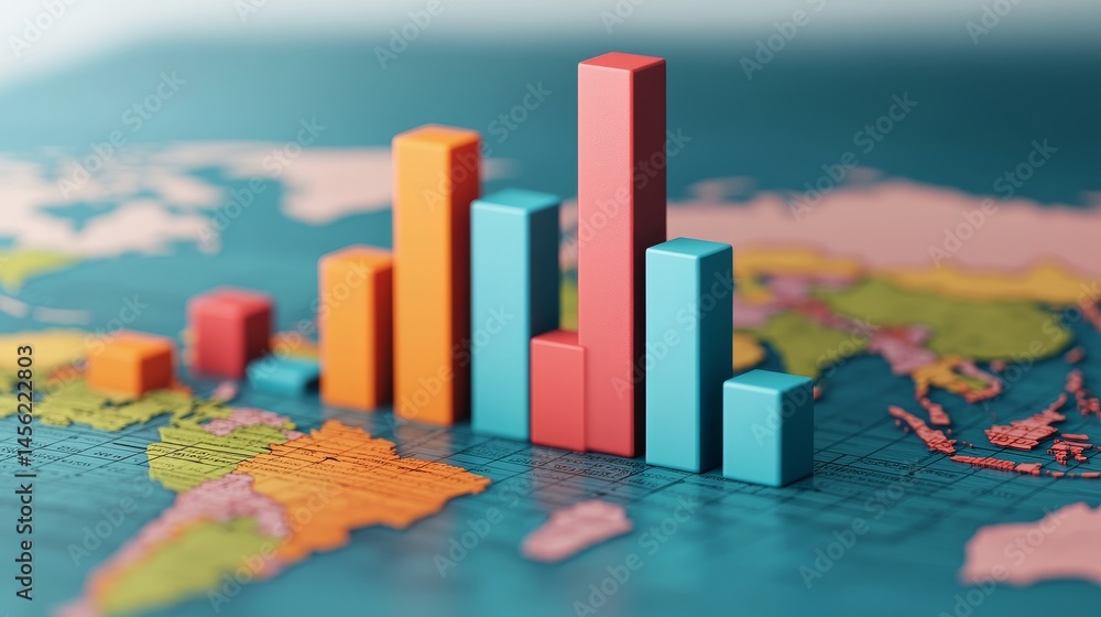 Poster colored bars on a map representing global data visualization. business growth globalization expansio
