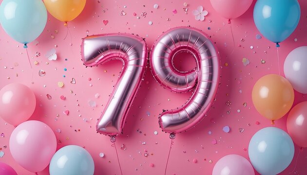 balloon in a shape of number 79 on pink background with balloons for birthday celebration.