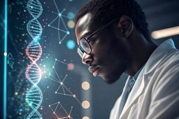Scientist in lab coat analyzing dna structure on screen with glasses on face