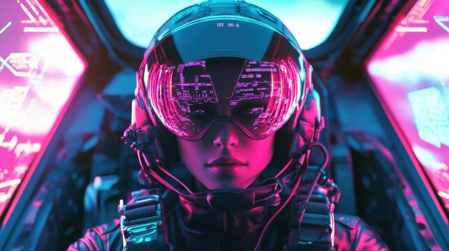 Sci-fi pilot wearing high-tech helmet inside neon cockpit with digital controls.