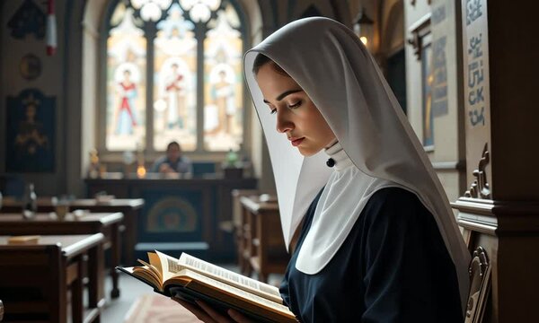 Young nun in traditional habit reading holy book in ornate church interior. Concept of faith and contemplation