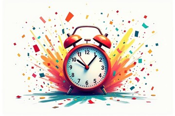 Vintage clock. Red alarm clock with confetti explosion celebration cou