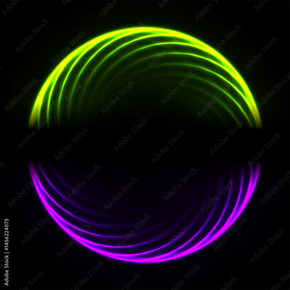 Poster green and violet glowing neon spiral wavy lines abstract technology background. futuristic concept v