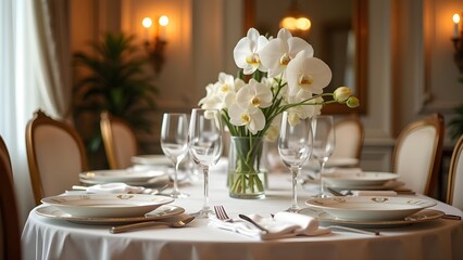 Fototapeta premium Elegant Table Setting with Orchids for a Fine Dining Experience, Perfect for Weddings or Celebrations