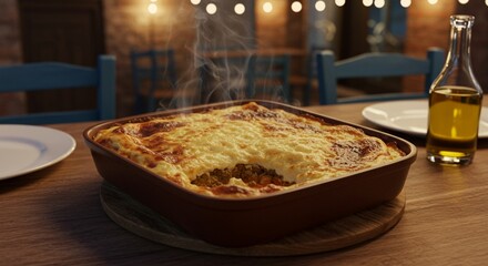 Delicious homemade lasagna in brown baking dish steaming hot food photography meat meal warm meal