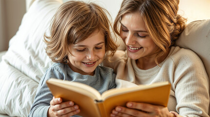 Family time scene. Close up of Mother reading book with her child in cozy home