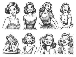 Fototapeta na wymiar joyful women with classic hairstyles and expressive laughter Set collection bundle sketch engraving generative ai raster illustration. Scratch board imitation. Black and white image.