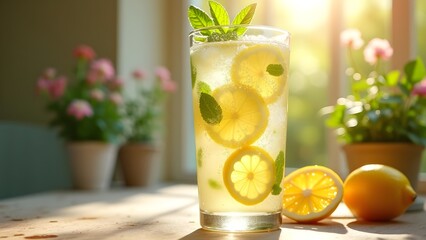 Refreshing Lemonade: A Glass of Summer Delight with Fresh Lemons, Mint, and Ice on a Sunny Table