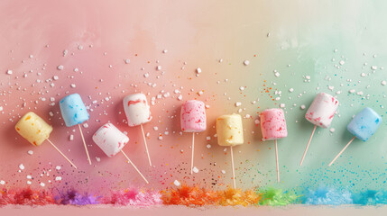 Colorful marshmallows on sticks arranged in vibrant rainbow pattern, creating joyful atmosphere