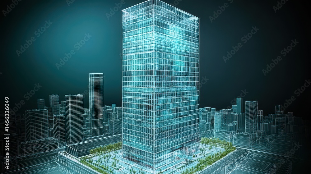 Poster futuristic virtual cityscape illustration showcasing digital architecture and network connection for