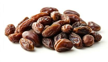 Obraz premium Pile of natural dried dates on a white background showcasing the rich brown color and texture of the fruit