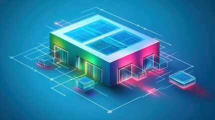 Isometric Digital Building Innovation with Sustainable Solar Panels and Data Connectivity for Smart City Futuristic Technology