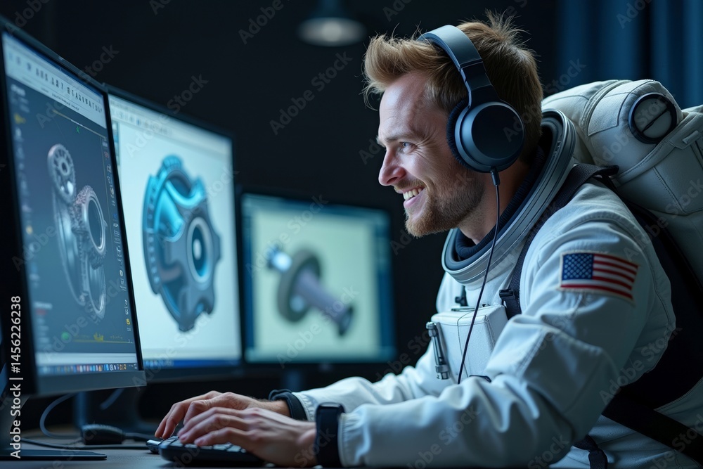 Aufkleber cheerful astronaut mechanical engineer jams to music while designing gear prototype in cad software