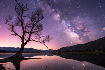 Silhouette of a tree by a lake under a starry sky with mountain backdrop view