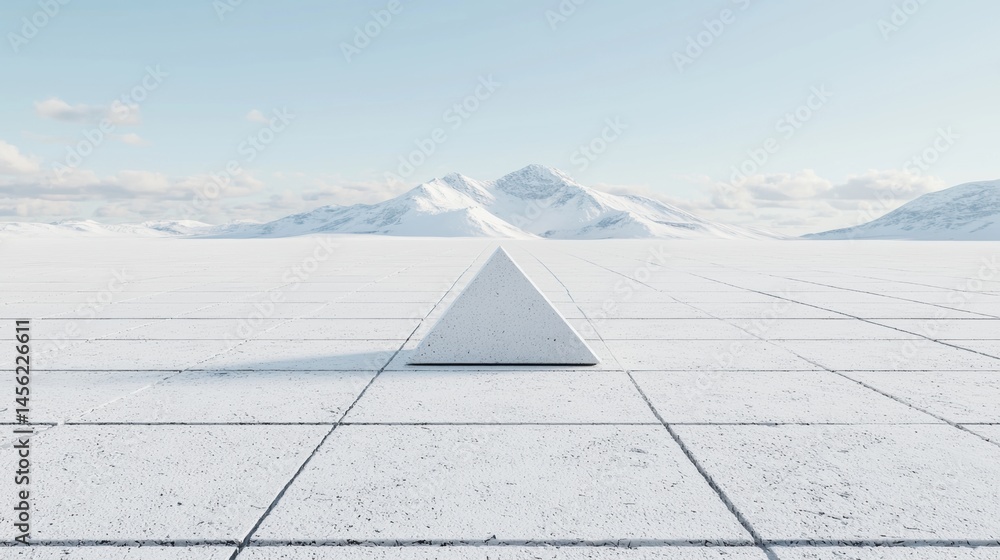 Poster a white triangular object sits in the middle of a snow-covered field, with mountains in the backgrou