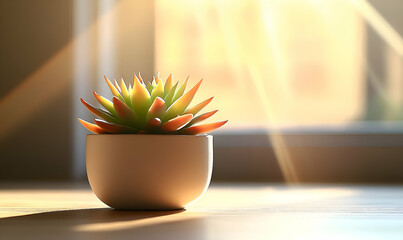 Small Succulent in White Pot Basking in Sunlight