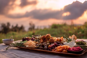 Delightful charcuterie board arranged outdoors, against the backdrop of a breathtaking sunset.