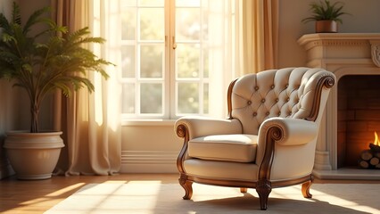 Elegant Armchair Beside a Fireplace in a Sunlit Room with Potted Plant & Cozy Interior