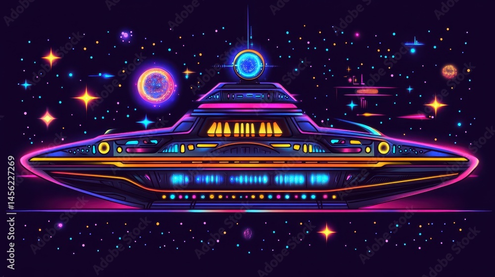 Poster retro pixelated ufo in deep space exploring galaxy with sci-fi elements and bright neon lights creat