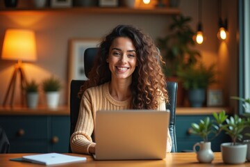 Woman finds calm. Young woman with curly hair using laptop at cozy hom