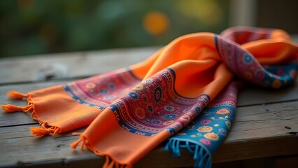 Fototapeta premium Elegant Orange and Blue Patterned Silk Scarf with Intricate Floral Design and Tassels on Wood Table