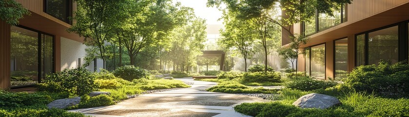 Obraz premium A vibrant green corridor seamlessly connects urban living spaces, promoting sustainability and harmony between nature and city life.