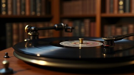 Fototapeta premium Close-up of Vinyl Record Player with Bookshelf Background, Vintage Audio Equipment for Music and Listening Pleasure