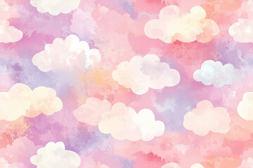 Soft pastel watercolor clouds create dreamy fabric pattern, blending shades of pink, purple, and white. This whimsical design evokes sense of calm and serenity