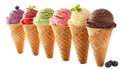 A delightful row of ice cream cones, each scoop a vibrant burst of flavor, promising a sweet and refreshing summer treat in crisp waffle cones.