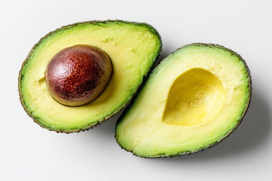 Vibrant, fresh avocado, halved to showcase the smooth green flesh and the large seed within.