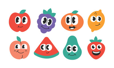 Cute and funny emoticon cartoon collection. Different emotions character tropical fruits