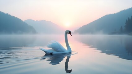 Fototapeta premium Elegant White Swan Drifting on a Misty Lake at Sunrise: A Serene Nature Scene