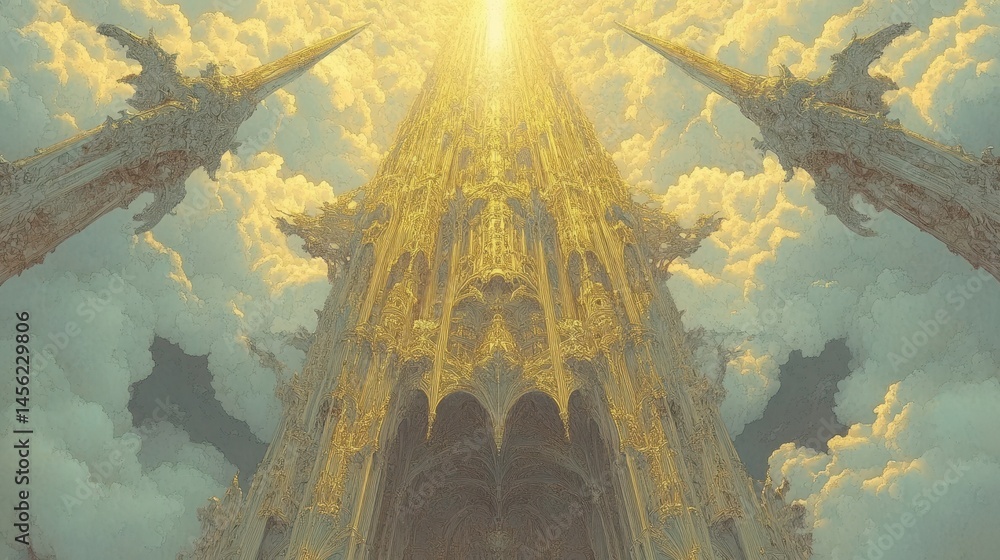 Poster celestial spire of light an ethereal convergence of clouds and gold a journey into the heavens abstr