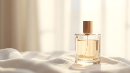 Elegant perfume bottle on a draped linen fabric in soft natural light, a modern and minimalist composition.