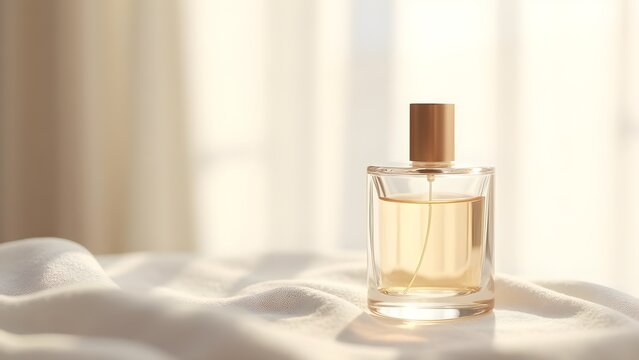 Elegant perfume bottle on a draped linen fabric in soft natural light, a modern and minimalist composition.