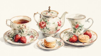 Fototapeta premium Watercolor illustration of British afternoon tea,tea break in the English style,tea set with Afternoon tea stand with macaroons and scone,cake,cup of tea,Tea time dessert table,vintage style.