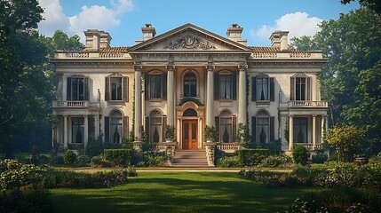 Elegant colonial estate surrounded by manicured landscaping and trees high resolution photo