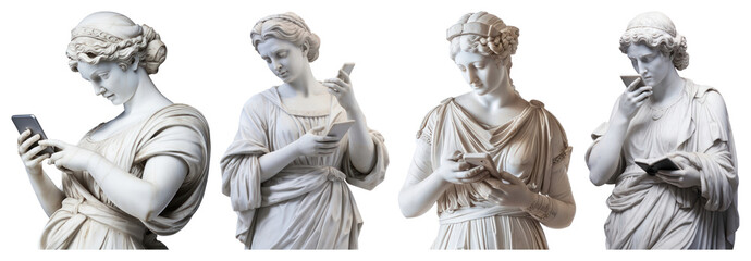 Fototapeta premium PNG Greek sculpture woman holding phone art communication smartphone., transparent background