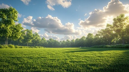 Fototapeta premium illustration of Summer fields landscape with a dawn,Rainbow, green grass hills, bright color blue sky, country background,banner resting vacation.
