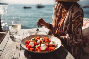 A woman enjoying a caprese salad and white wine with a sea view on a sunny day.