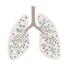 Healthy human lungs with flowers and fresh tree branches inside. Health concept. Abstract vector illustration