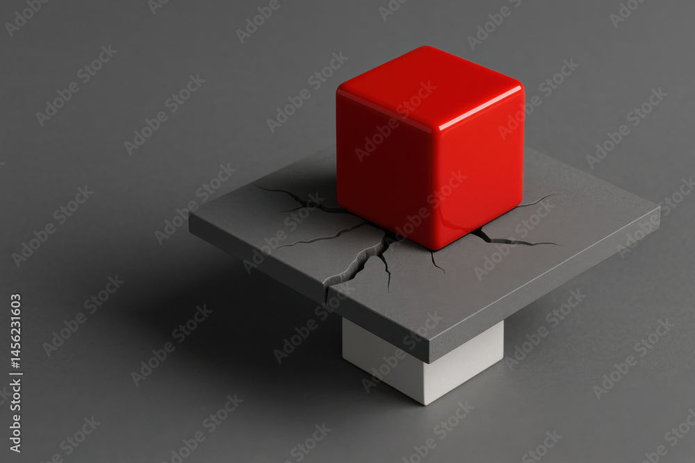 Poster red cube on cracked gray platform with white base, modern abstract design with shadow and smooth sur