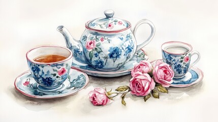 Watercolor illustration of British afternoon tea,tea break in the English style,tea set with Afternoon tea stand with macaroons and scone,cake,cup of tea,Tea time dessert table,vintage style.